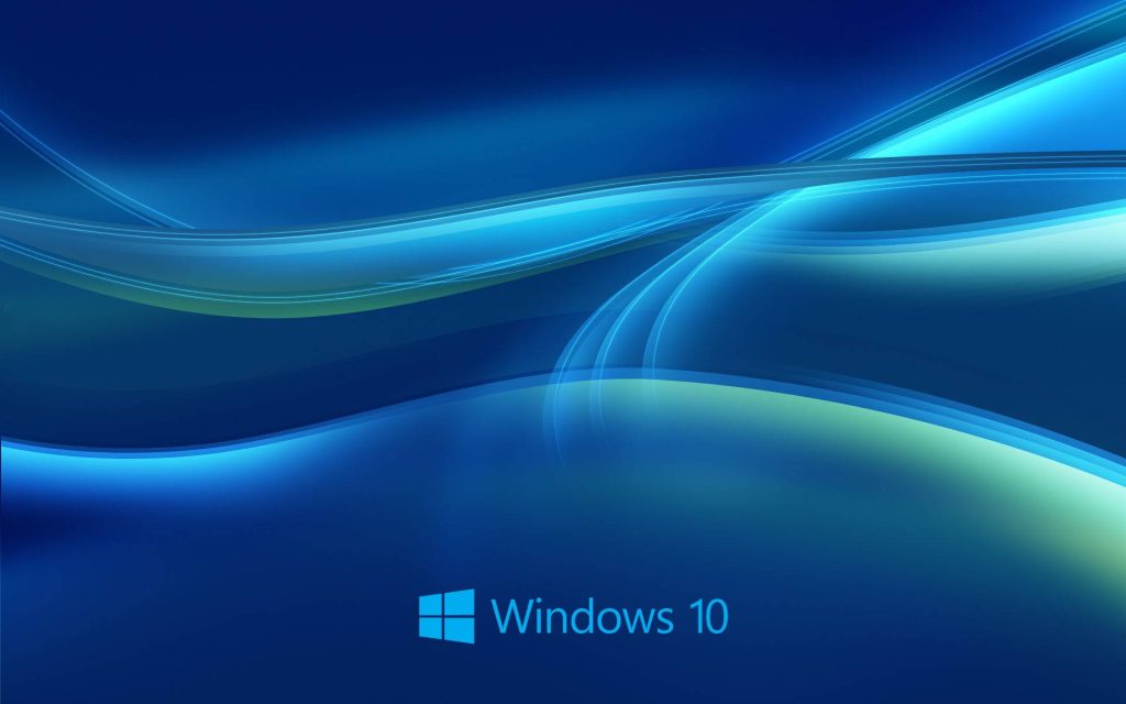 Windows 10 Hero wallpaper with flowing blue cyan light beams and official logo background