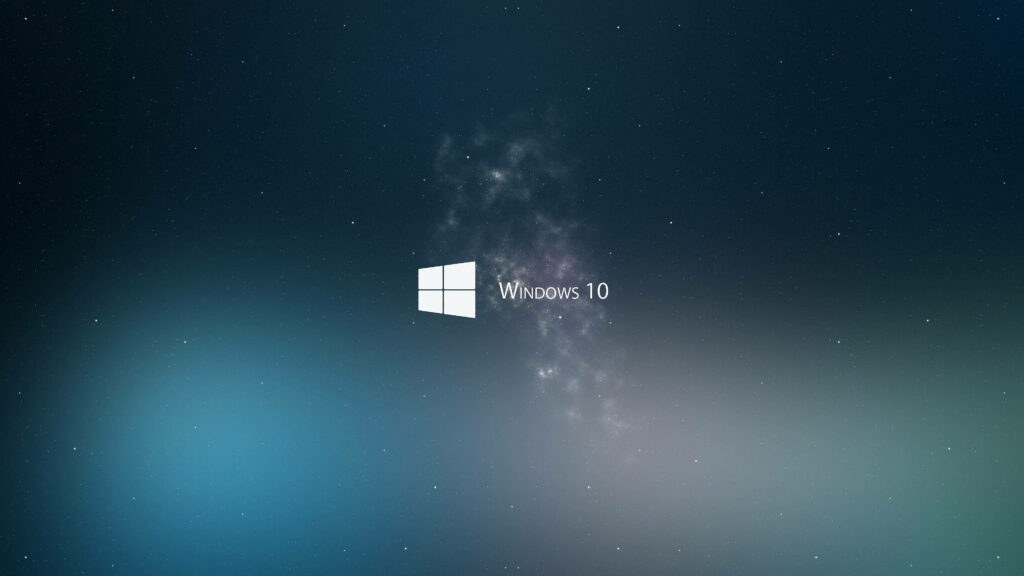 Windows 10 wallpaper with white logo on starry night nebula background in blue and teal hues