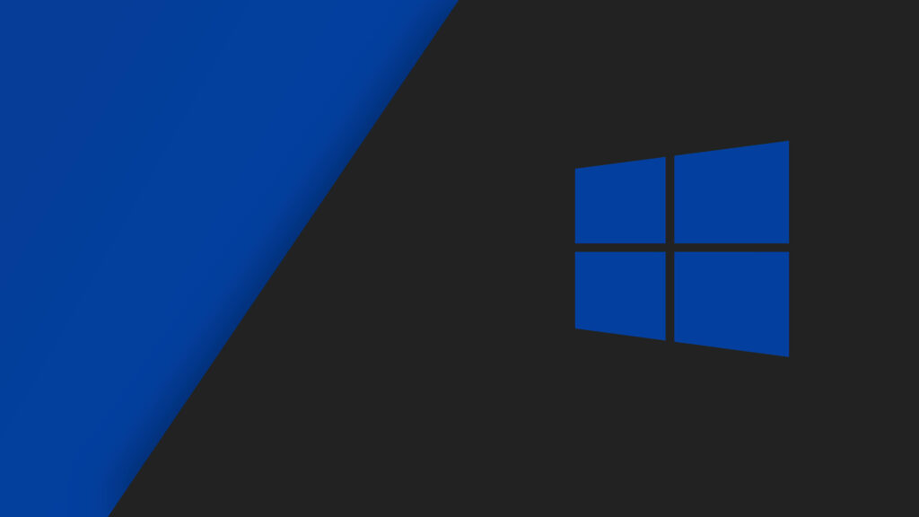 Minimalist Windows 10 wallpaper with bold blue and black diagonal split and iconic logo