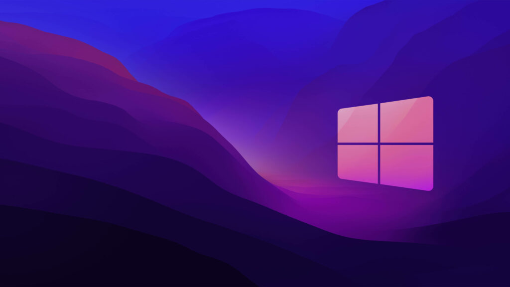 Minimalist Windows logo wallpaper with abstract fluid mountains in blue purple and magenta gradients