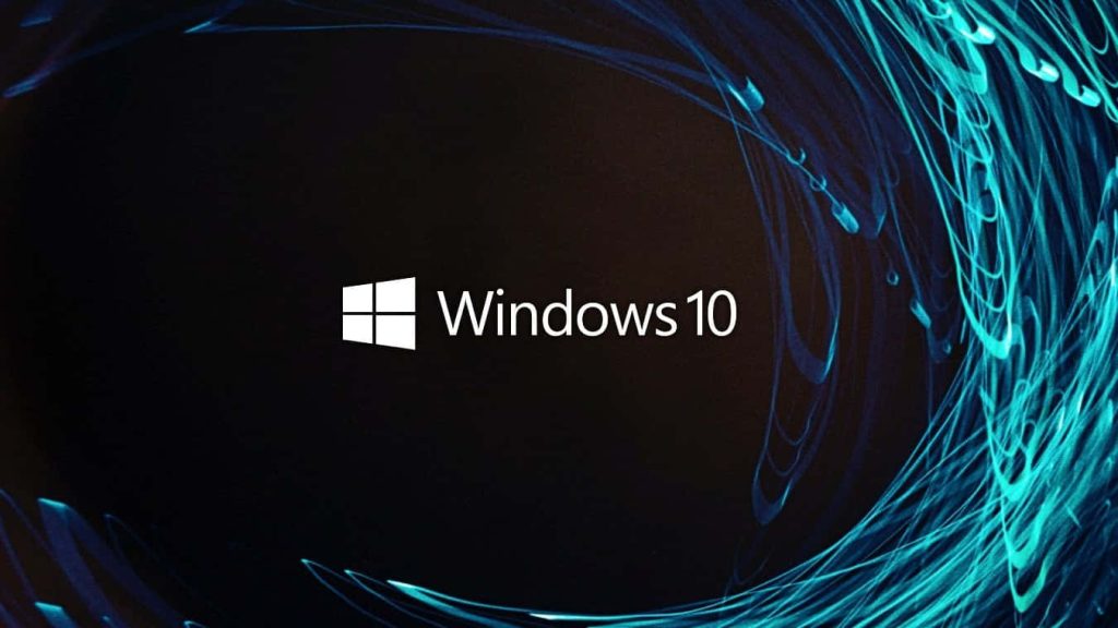 Windows 10 wallpaper with centered logo and vibrant cyan light trails on black background