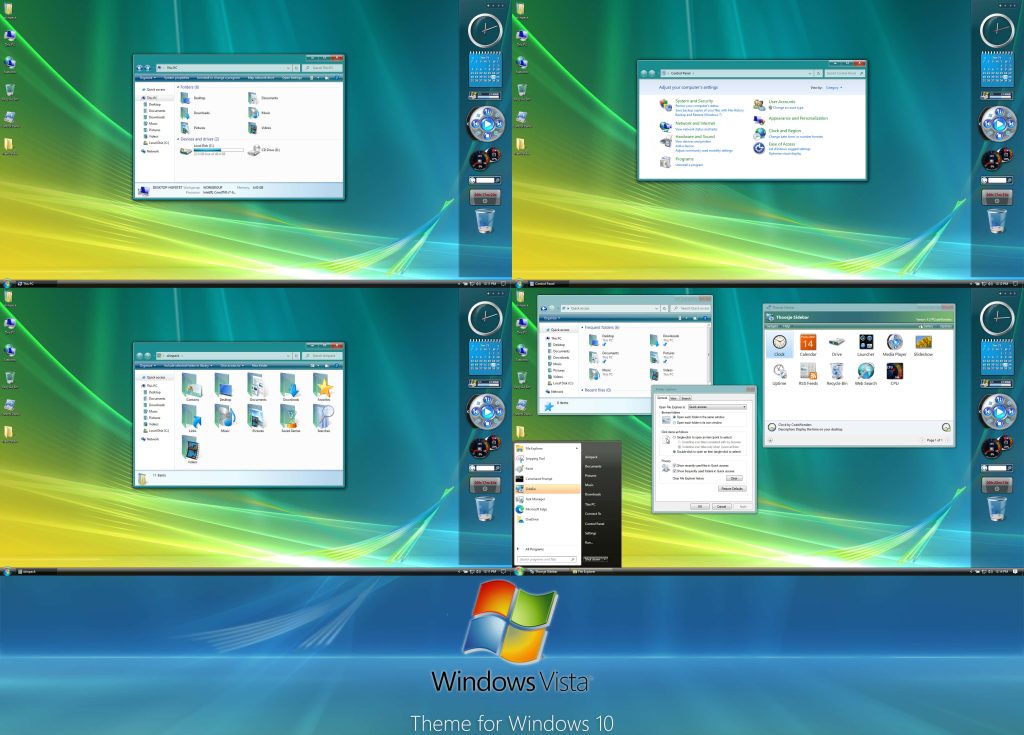 Windows 10 desktop themed with nostalgic Windows Vista Aurora wallpaper vintage gadgets and borders