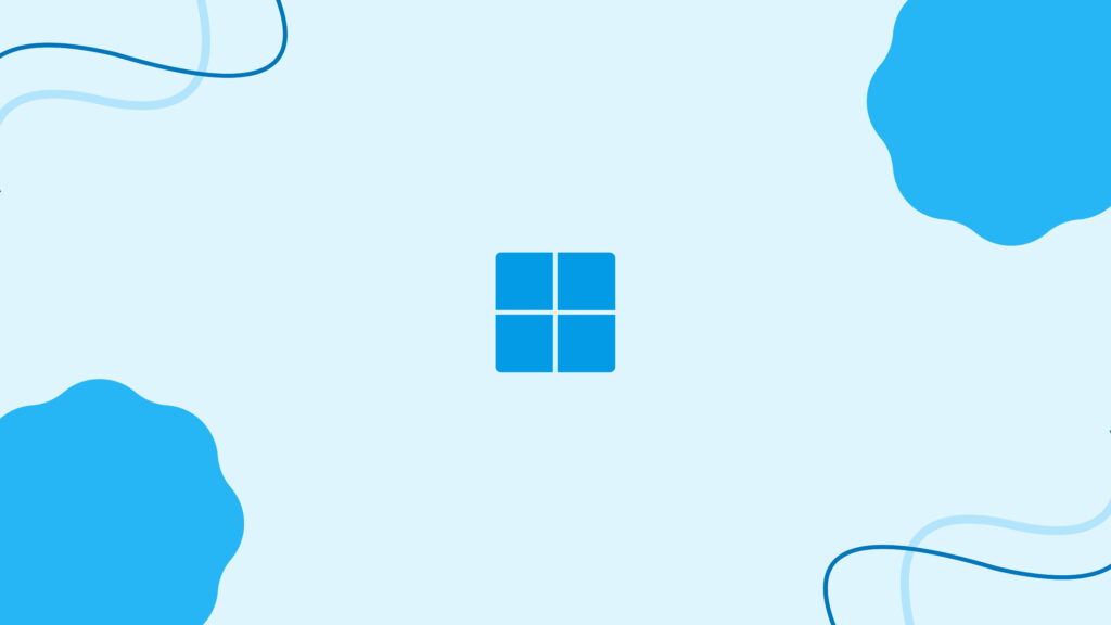 Minimalist Windows 11 wallpaper with blue logo and abstract organic shapes on light blue background