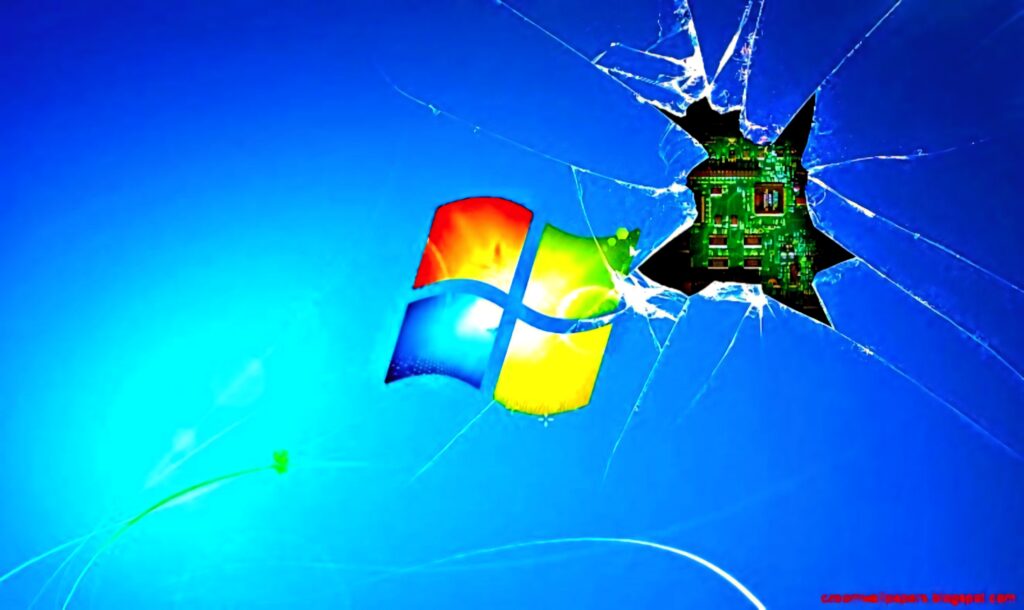 Windows 7 broken screen wallpaper with shattered glass effect revealing computer circuitry background