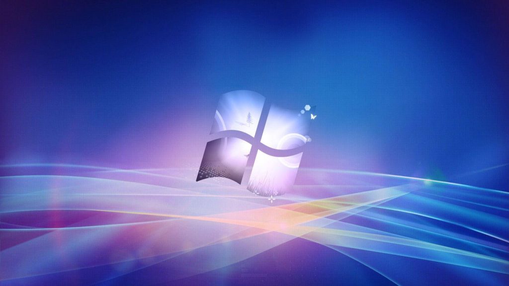 Windows 7 logo digital art wallpaper with blue purple light ribbons modern tech background