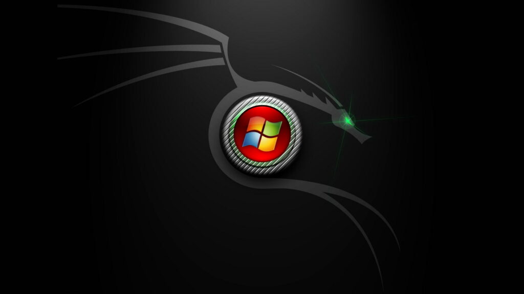 Kali Linux dragon silhouette wallpaper with metallic Windows logo and glowing green eye design