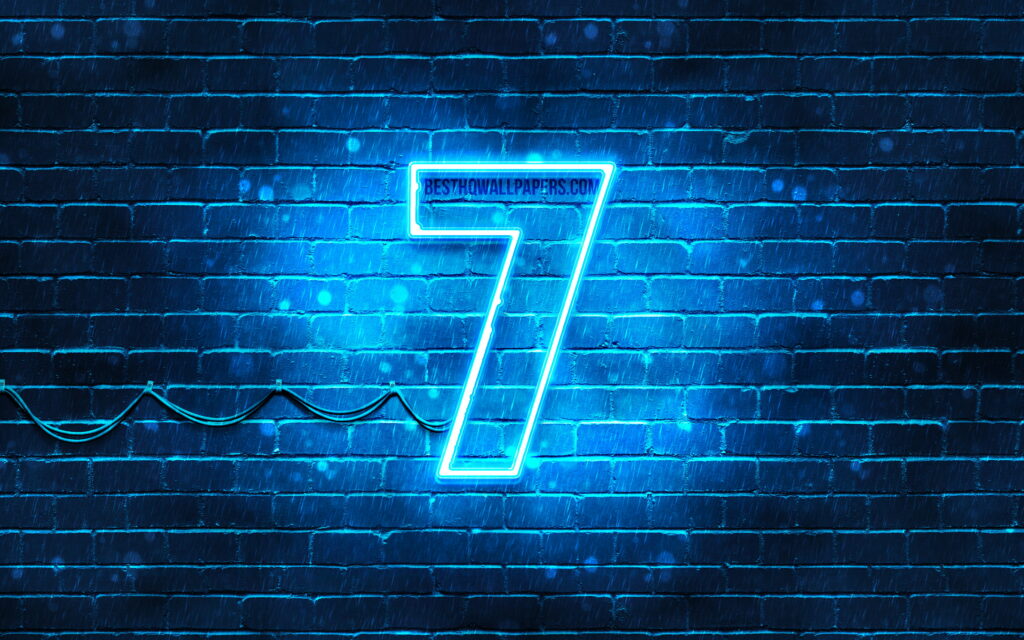 Neon blue number 7 glowing on rain-streaked dark brick wall vibrant modern wallpaper background
