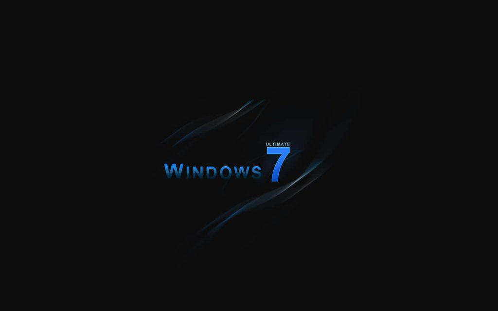 Windows 7 Ultimate wallpaper with blue logo on black background and subtle light trails