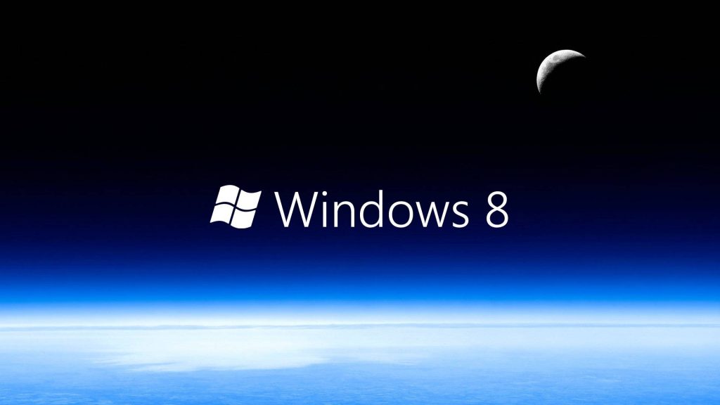 Windows 8 wallpaper with official logo, glowing blue planet horizon, crescent moon on dark space background
