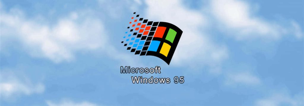 Classic Windows 95 wallpaper with colorful Microsoft flag logo on serene cloudy blue sky background