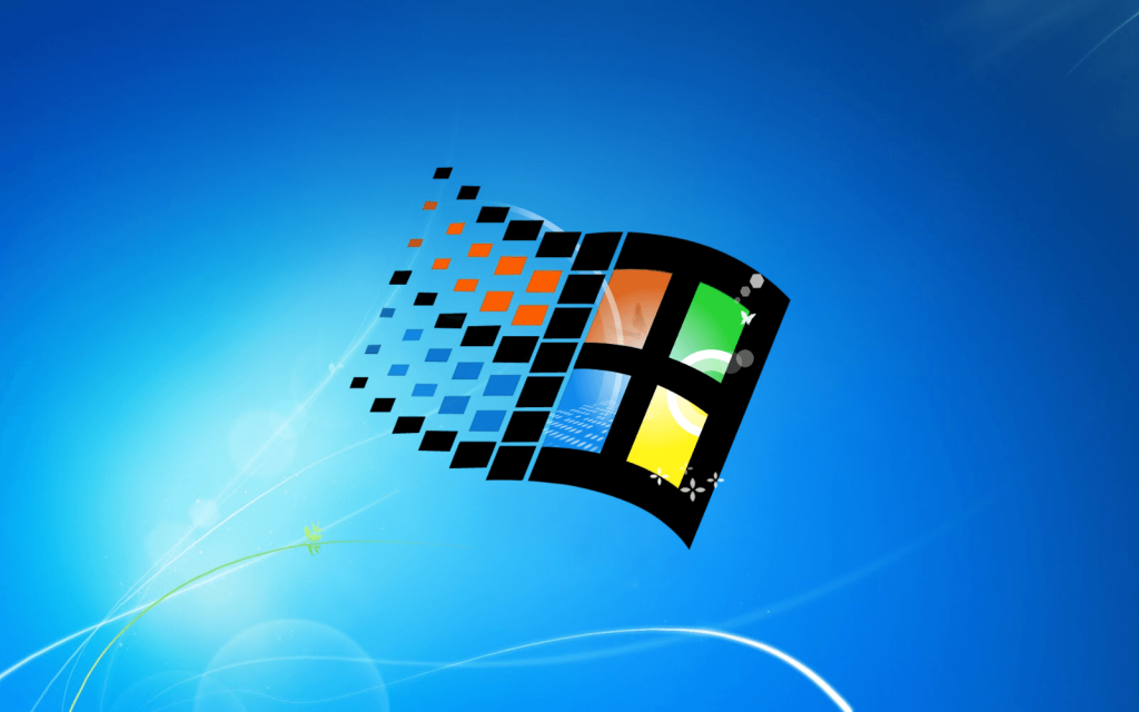 Windows 95 flying window logo on abstract blue wave background nostalgic tech wallpaper