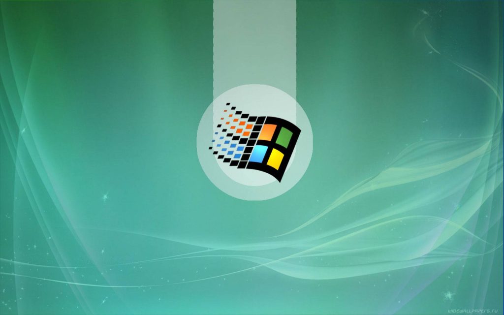 Windows 95 logo floating on green wavy light background minimalist digital art wallpaper
