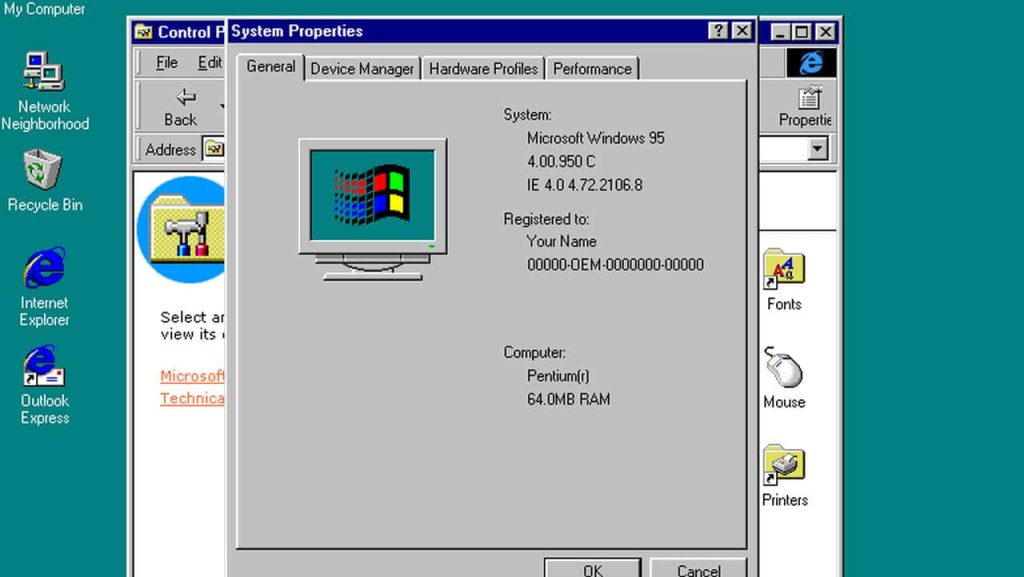 Windows 95 wallpaper showing System Properties and classic desktop icons on teal background