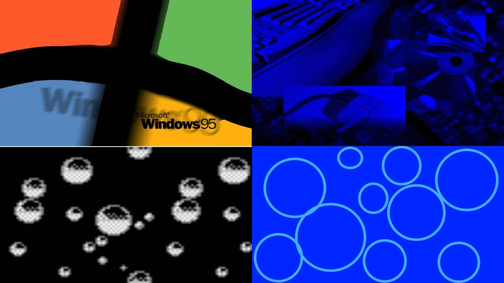Windows 95 collage wallpaper with retro logo vintage computer peripherals pixel bubbles and blue circles