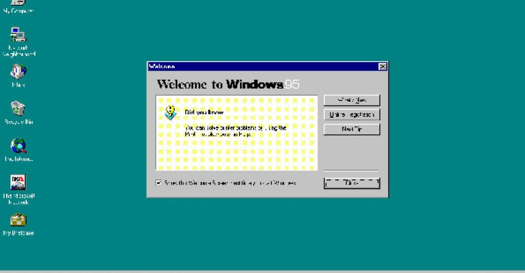 Windows 95 nostalgic desktop wallpaper with teal background classic welcome dialog and vintage icons