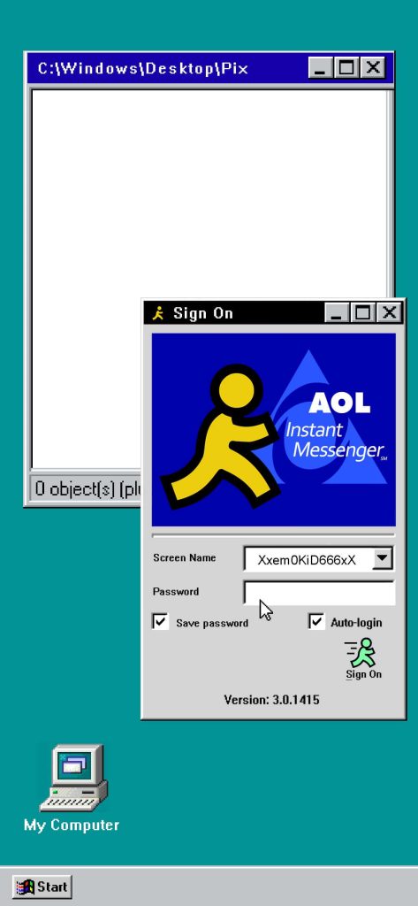 Windows 95 teal desktop with My Computer icon and vintage AOL Instant Messenger sign-on window Wallpaper