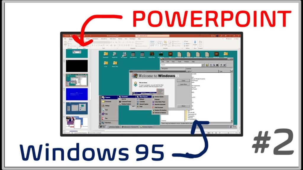 Microsoft PowerPoint slide showing Windows 95 retro desktop with Start menu and teal background Wallpaper