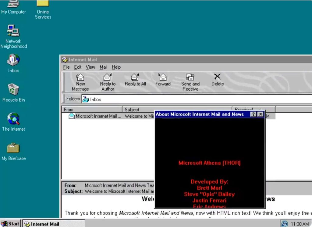 Windows 95 retro screenshot showing About Microsoft Internet Mail and News dialog with Athena easter egg Wallpaper
