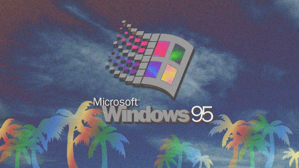 Vaporwave Windows 95 wallpaper with vintage Microsoft logo and rainbow palm tree silhouettes