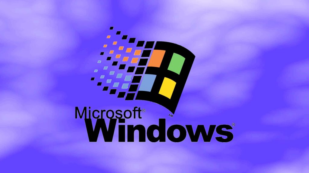 Windows 95 wallpaper with classic colorful flag on soft purple cloud background nostalgic design