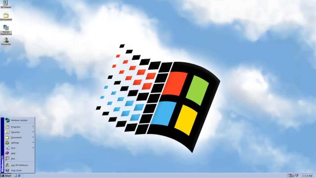 Windows 98 desktop wallpaper with classic cloudy sky background vintage system icons and Start menu