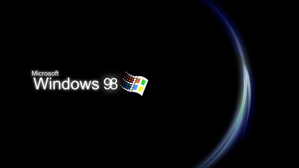 Windows 98 wallpaper with classic Microsoft logo glowing teal arc on black retro 90s background