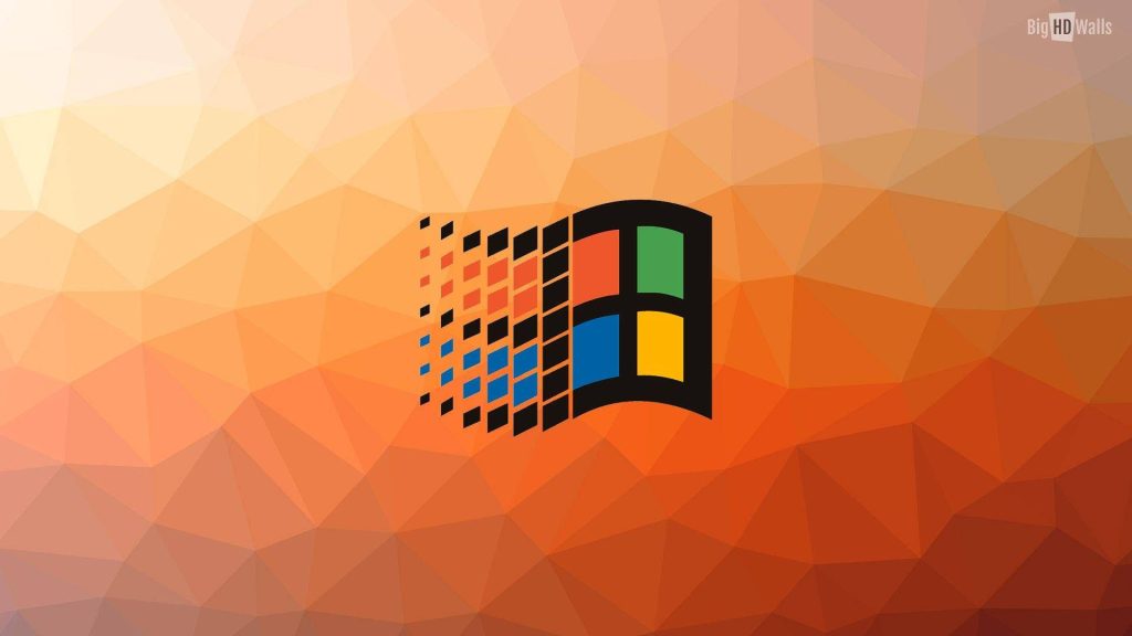 Minimalist Windows 98 logo wallpaper on warm orange low-poly geometric background retro tech