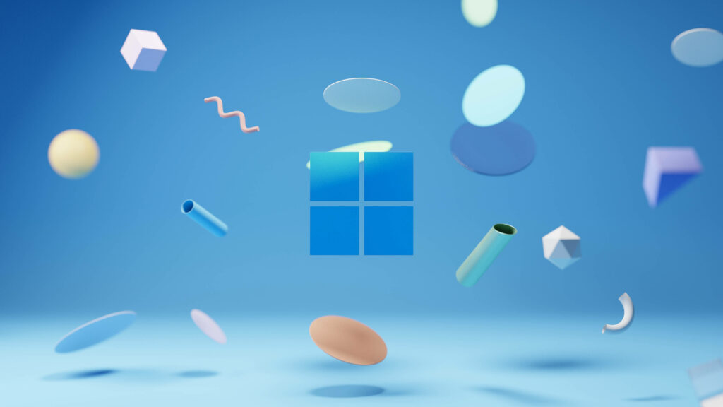 Windows Logo Embraced by Floating Objects in a Vibrant Blue 3D 4K Background Wallpaper