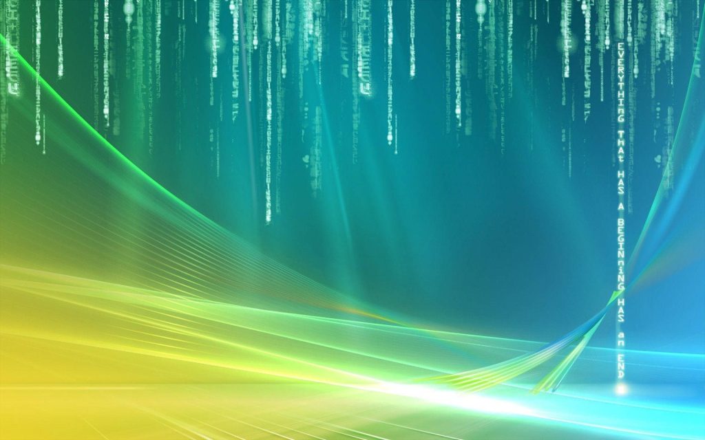 Cyberpunk desktop wallpaper blending Windows Vista aurora waves with Matrix code rain quote