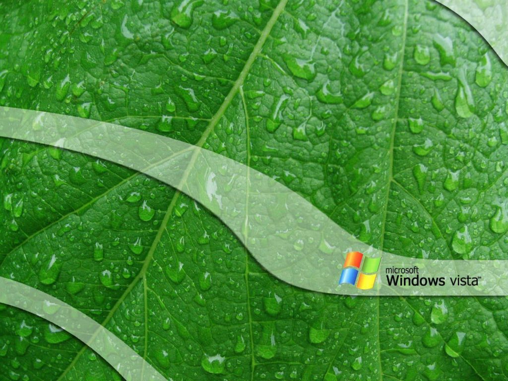Classic Windows Vista wallpaper with vibrant green leaf and water droplets with logo curve