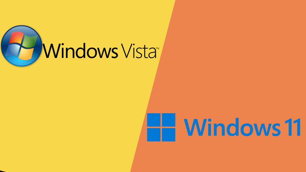 Split-screen digital art showing Windows Vista logo on yellow and Windows 11 logo on orange background Wallpaper