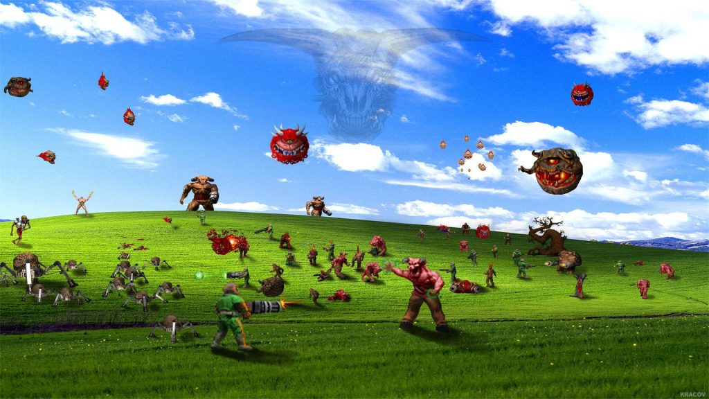 Surreal Doom battle with Doomguy versus monsters on vibrant Windows XP Bliss landscape wallpaper