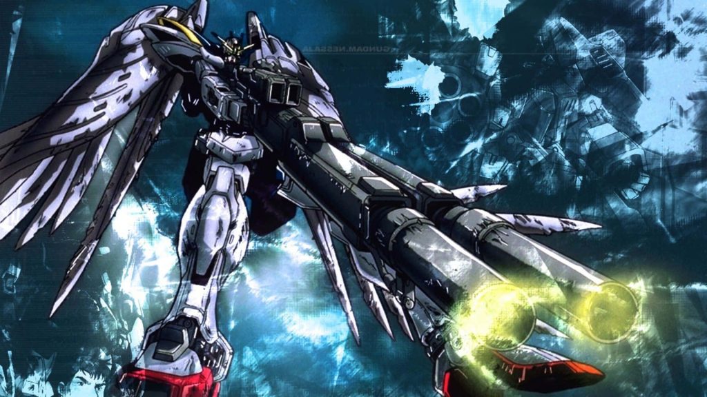 Wing Gundam Zero with feathered wings aiming Twin Buster Rifle in blue gritty anime wallpaper
