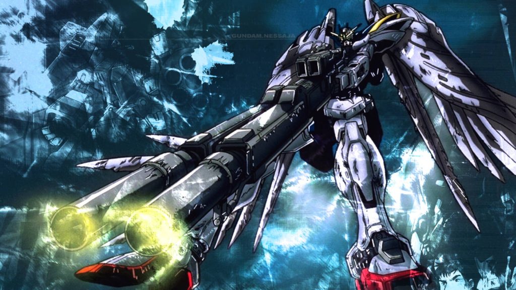 Wing Gundam Zero with angel wings and twin buster rifle on blue digital anime wallpaper background