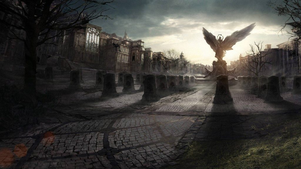 Winged angel statue in gothic graveyard with cobblestone paths under moody sky wallpaper
