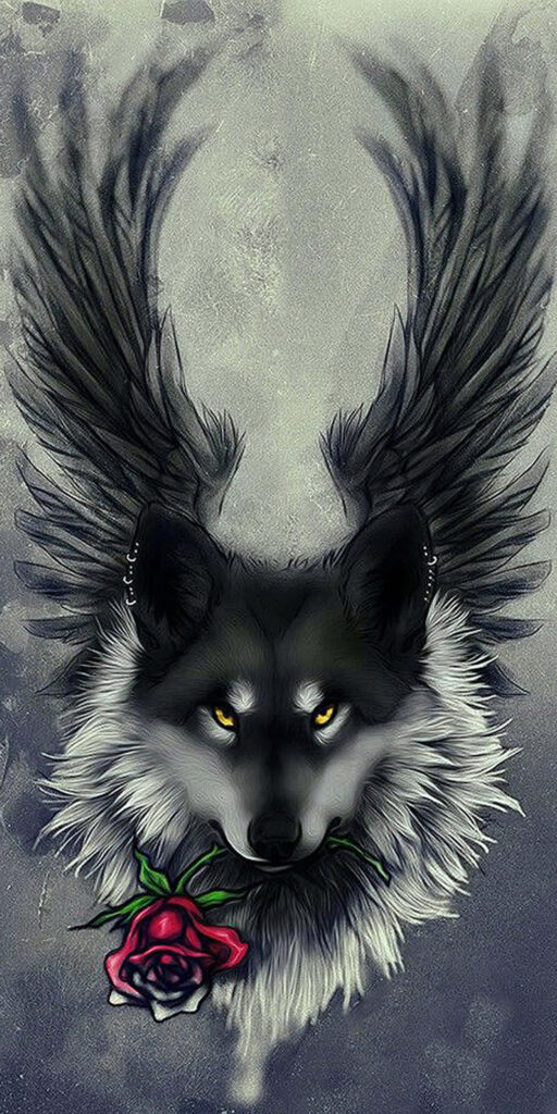 Mesmerizing Winged Wolf Portrait with Red Rose - Fantasy Wallpaper