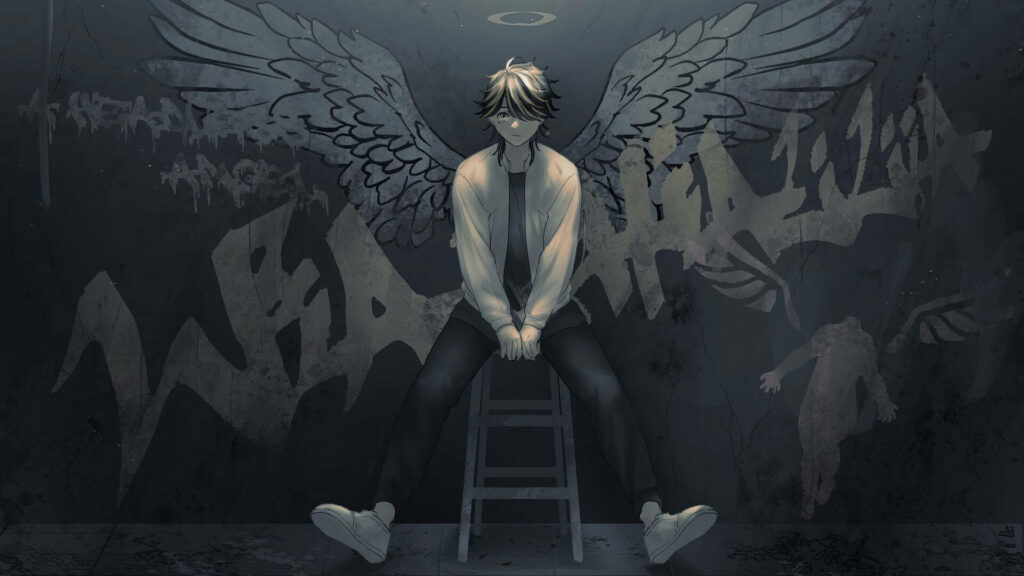 Wings of Determination: Kazutora Hanemiya Embracing his Resilience within Tokyo Revengers' Dynamic Wall Art Wallpaper