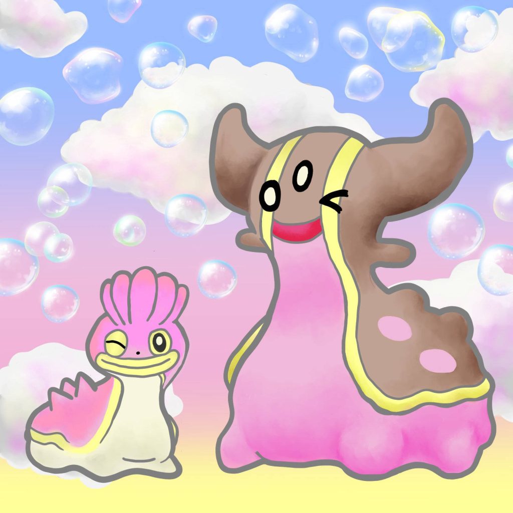 Winking West Sea Shellos and Gastrodon under pastel sky with clouds and floating bubbles wallpaper