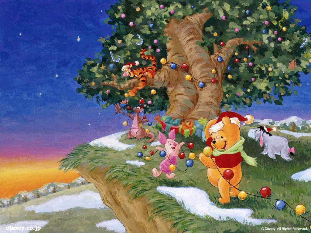Winnie the Pooh and Friends Illuminate a Festive Disney Christmas Tree Wallpaper