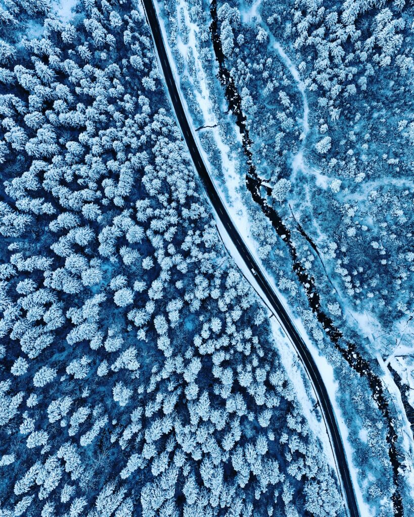 Aerial view of winding road and dark river through snow-covered winter forest in cool blue tones Wallpaper
