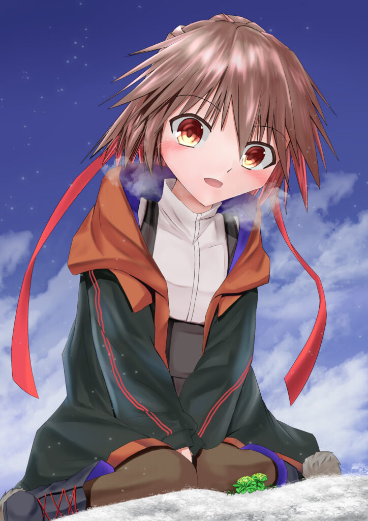 Charming Anime Girl in Snowy Scene with Blush and Dark Coat Wallpaper