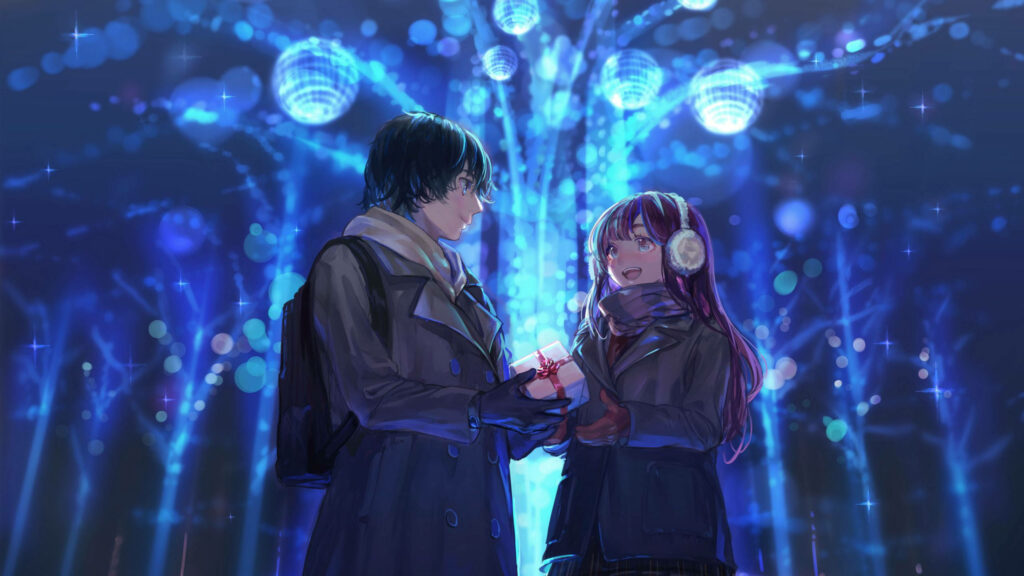 Winter Wonderland 𝒜𝓃𝒾𝓂𝑒 𝐿𝑜𝓋𝑒: A Heartwarming Gift Exchange Amidst Enchanting Blue Lights Wallpaper