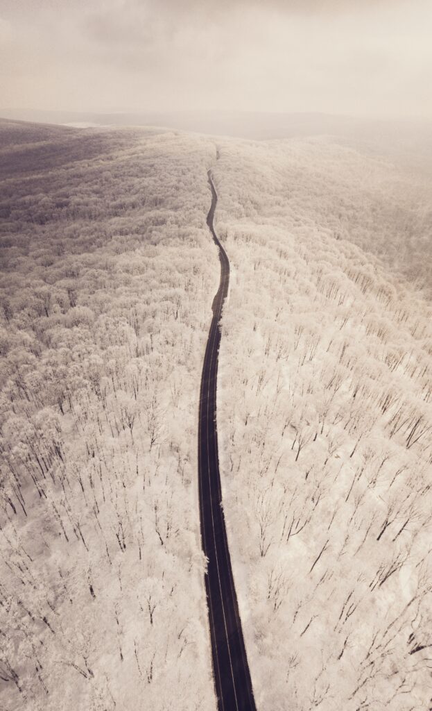 Aerial view of winding road through snow-covered winter forest under pale serene sky wallpaper
