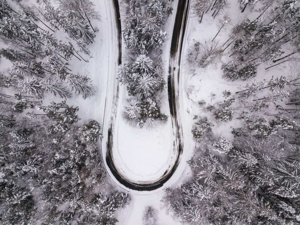 Aerial winter forest with winding snow-covered road surrounded by dense white trees landscape Wallpaper