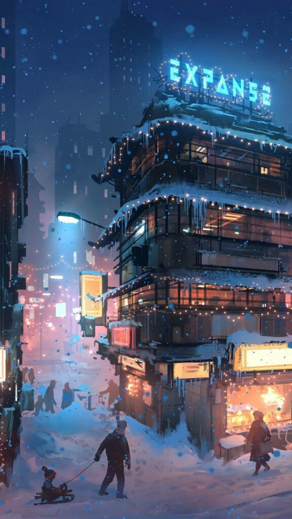 Neon Glow in the Winter Cityscape: A Captivating Expanse of Urban Serenity Wallpaper