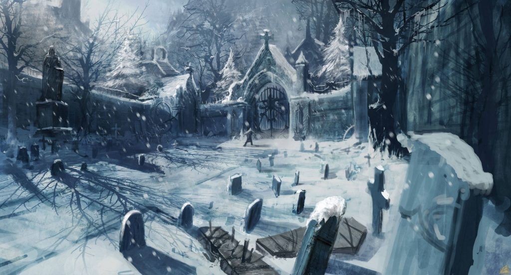 Snow-covered graveyard at twilight with gothic gates tombstones and a lone figure in winter Wallpaper