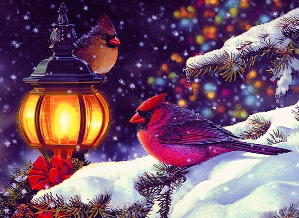 Winter Holiday Wallpaper: Cardinals, Lantern & Snowy Scene