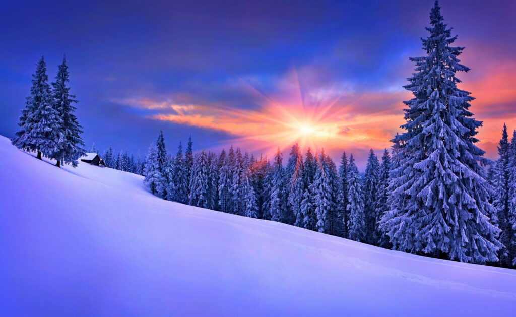 Winter's Majestic Sunset: A Nature Ultra Wallpaper Background Photo of Snowy Mountain Landscape
