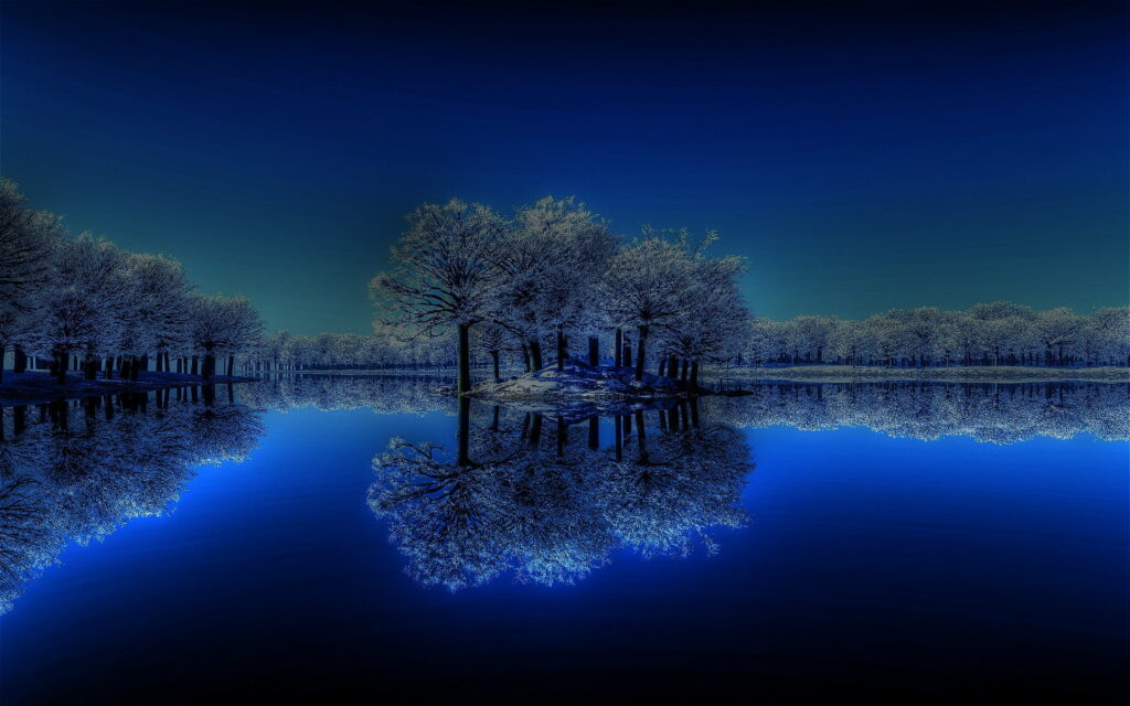 Winter night landscape of snow-covered trees and moonlit waters in HD quality - perfect wallpaper