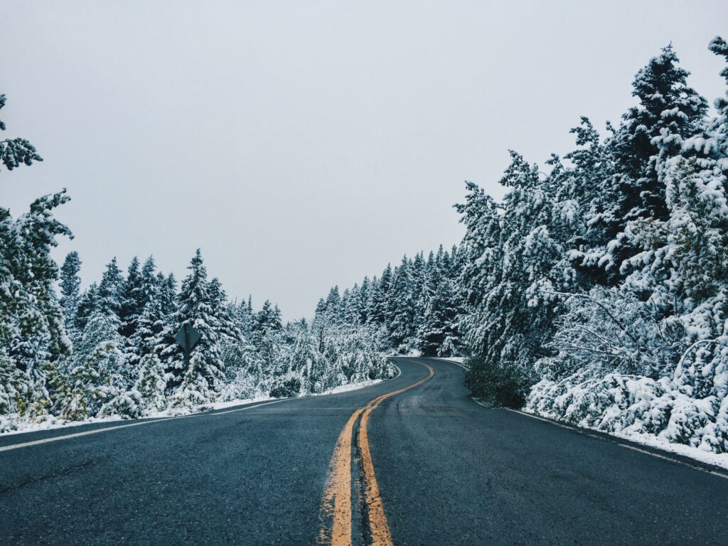 Winding road through snow-covered trees under pale winter sky serene peaceful landscape Wallpaper